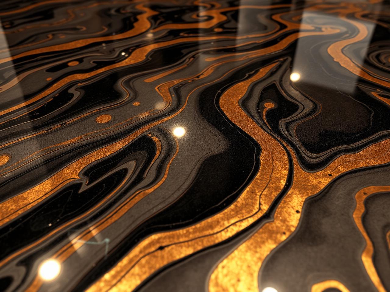 Close-up of black metallic epoxy flooring with gold veining
